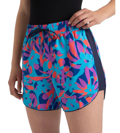 Women's 4 Way Comfort Stretch Leisure Printed Watershorts With Side Pockets - Turkish Sea, Picton Blue & Coral Sands