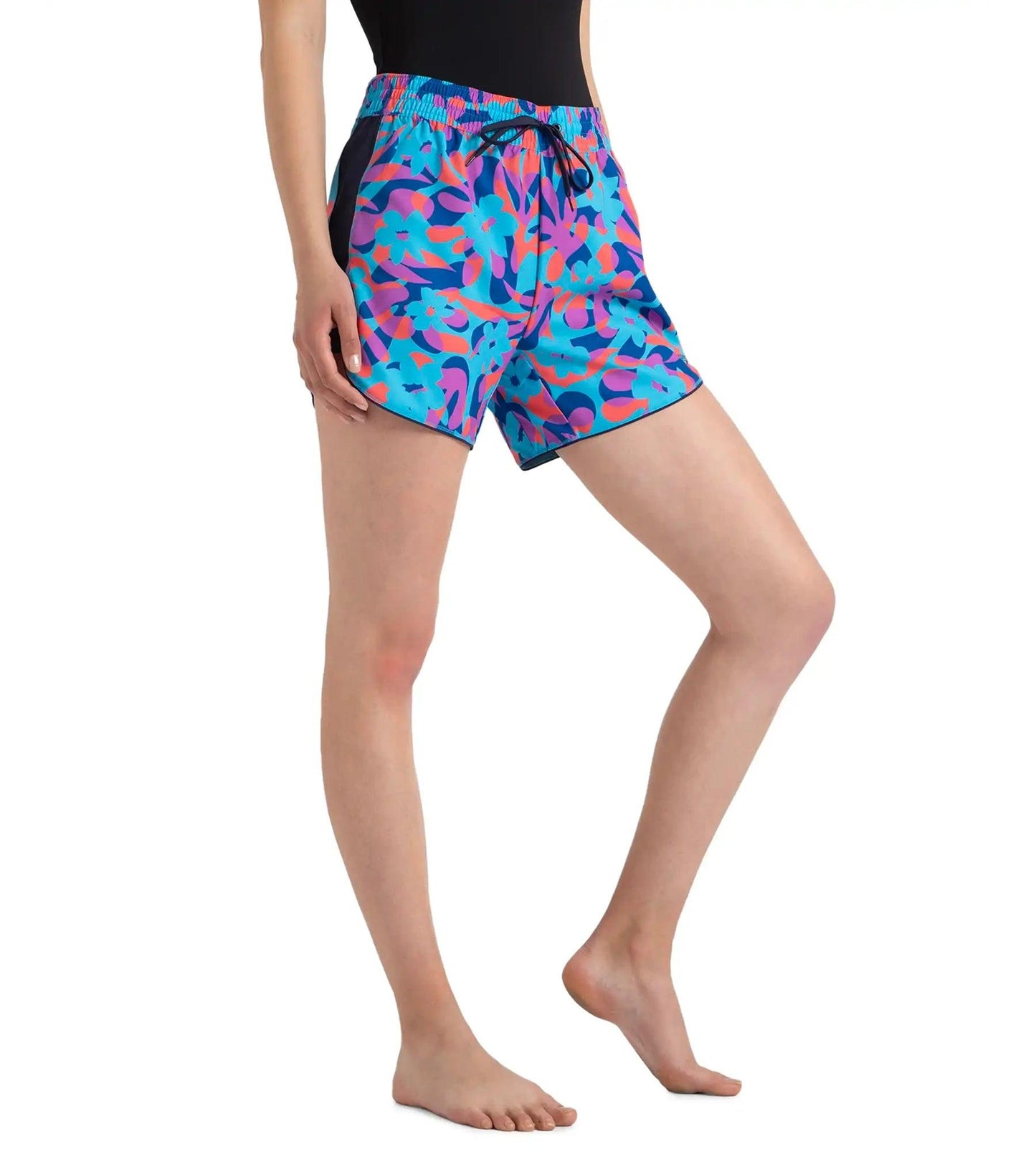 Women's 4 Way Comfort Stretch Leisure Printed Watershorts With Side Pockets - Turkish Sea, Picton Blue & Coral Sands