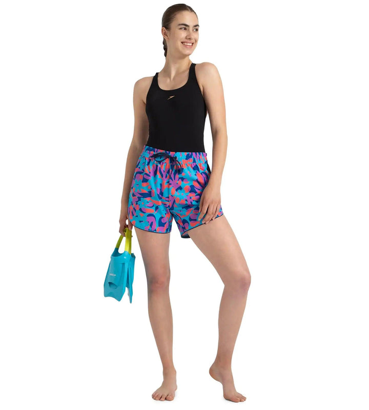 Women's 4 Way Comfort Stretch Leisure Printed Watershorts With Side Pockets - Turkish Sea, Picton Blue & Coral Sands