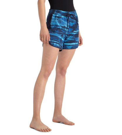 Women's 4 Way Flex Essential Printed Watershorts With Side Pockets - Peacoat, Cerulean Blue & Picton Blue