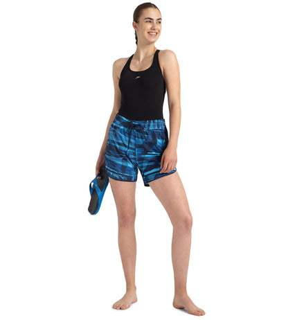 Women's 4 Way Flex Essential Printed Watershorts With Side Pockets - Peacoat, Cerulean Blue & Picton Blue