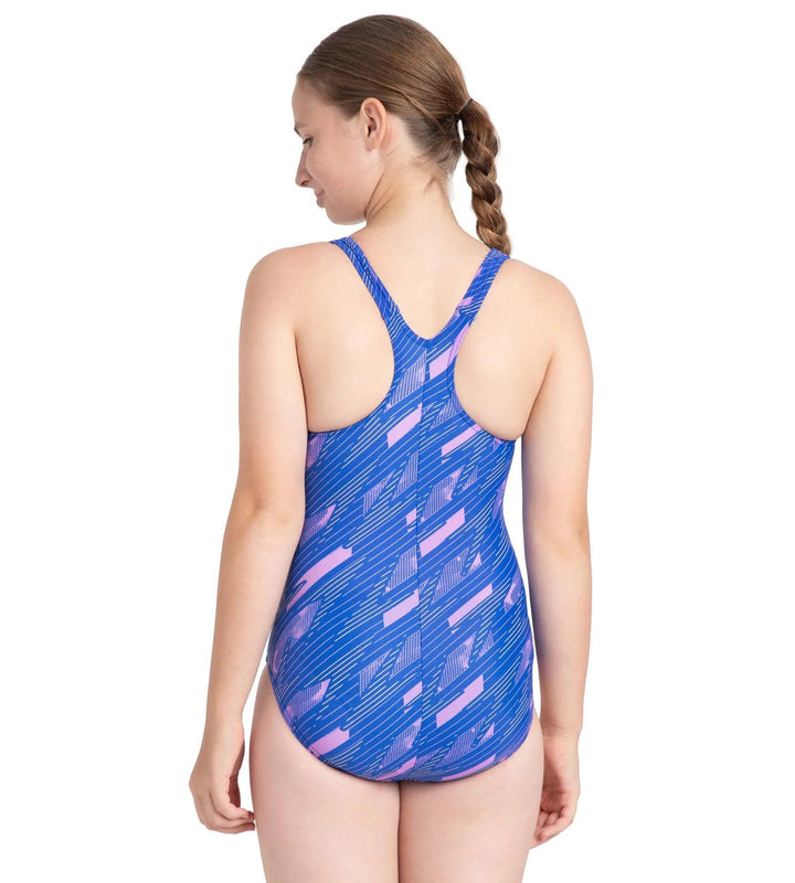 Girl's Endurance 10 Hyperboom Print Racerback One Piece V-Cut Swimsuit - Sweet Purple & True Cobalt