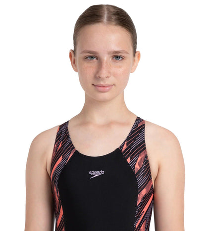 Girl's Endurance10 Hyperboom Print Splice Racerback V-Cut One Piece Swimsuit - Black, Coral Sands & Peony Pink