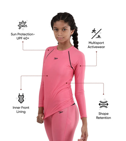 Girl's Recycled Endura Brite Long sleeve Suntop - Fandango Pink & True Navy