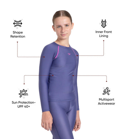 Girl's Endura Brite Long Sleeve Suntop - Hapuna Blue & Neon Violet