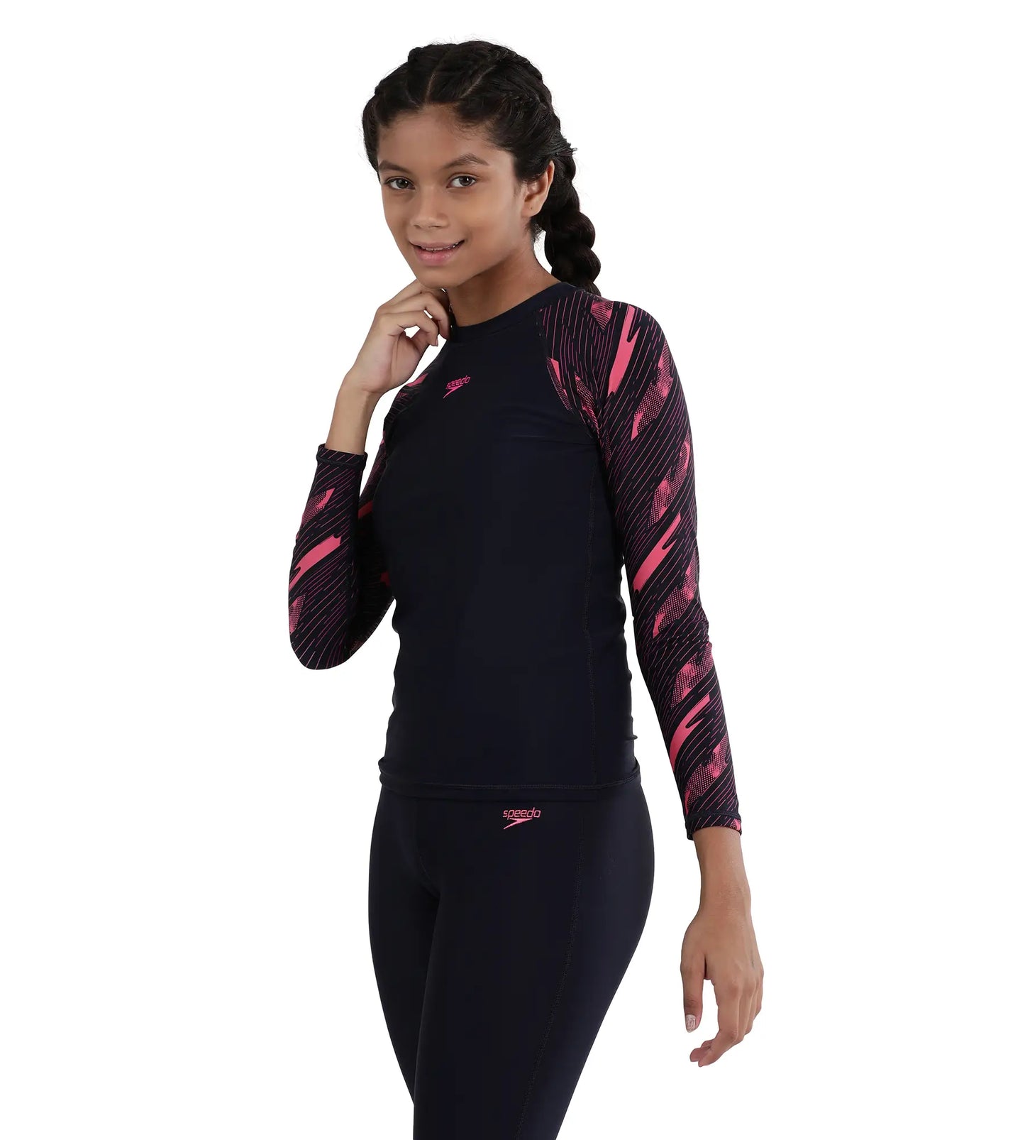 Girl's Endurance Hyperboom Long Sleeve Suntop - Truenavy  &  Electric pink_2