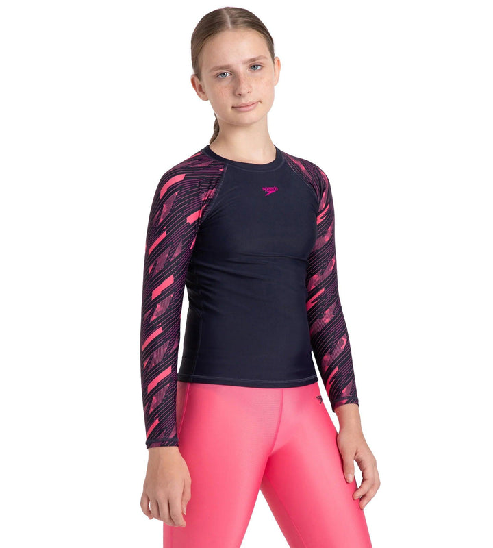 Girl's Endurance 10 Hyperboom Long Sleeve Suntop - True Navy & Electric pink