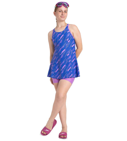 Girl's Endurance 10 Printed Racerback Swimdress With Boyleg - Sweet Purple & True Cobalt