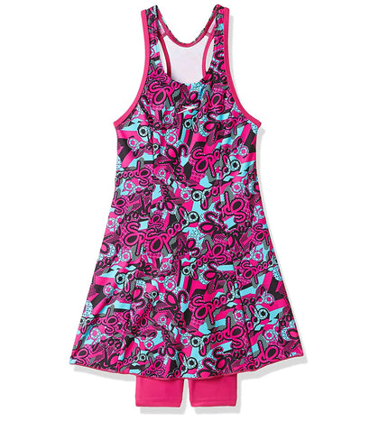 Girls Endurance 10 Astropop Printed Racerback Swimdress - Electric Pink & Light Adriatic