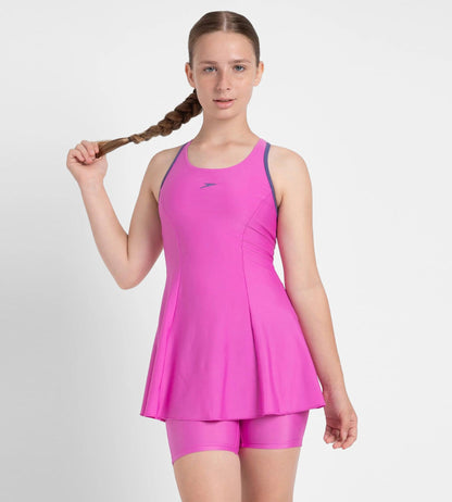 Girl's Endura Brite Racerback Swimdress With Boyleg - Neon Violet & Hapuna Blue