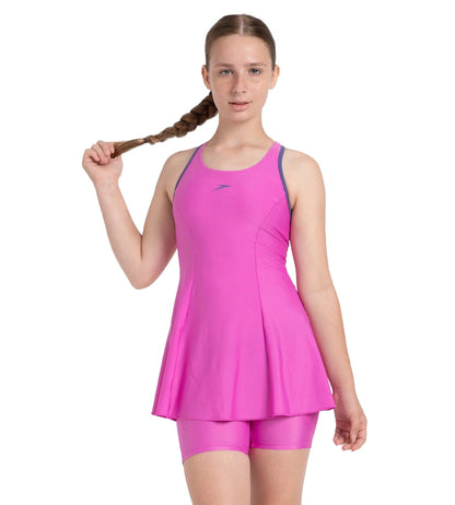 Girl's Endura Brite Racerback Swimdress With Boyleg - Neon Violet & Hapuna Blue