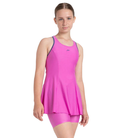 Girl's Endura Brite Racerback Swimdress With Boyleg - Neon Violet & Hapuna Blue