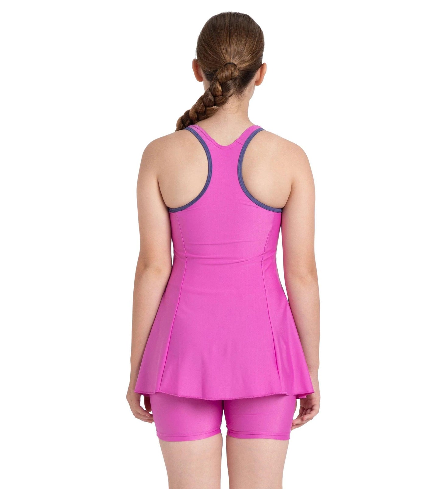 Girl's Endura Brite Racerback Swimdress With Boyleg - Neon Violet & Hapuna Blue