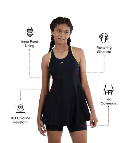 Girl's Endurance 10 Racerback Swimdress With Boyleg - True Navy & Lemon Drizzle