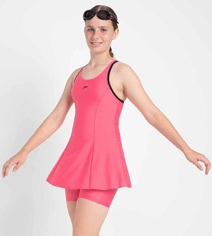 Girl's Recycled Endura Brite Racerback Swimdress With Boyleg - Fandango Pink & Black