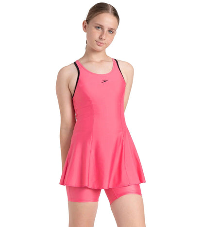 Girl's Recycled Endura Brite Racerback Swimdress With Boyleg - Fandango Pink & Black