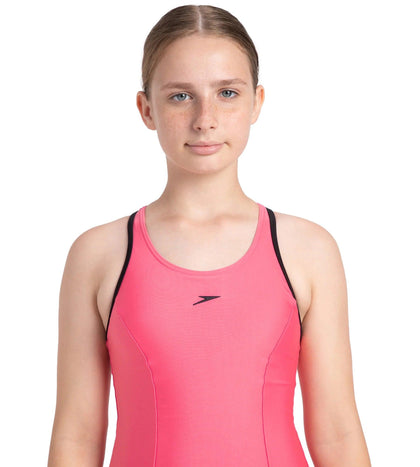 Girl's Recycled Endura Brite Racerback Swimdress With Boyleg - Fandango Pink & Black