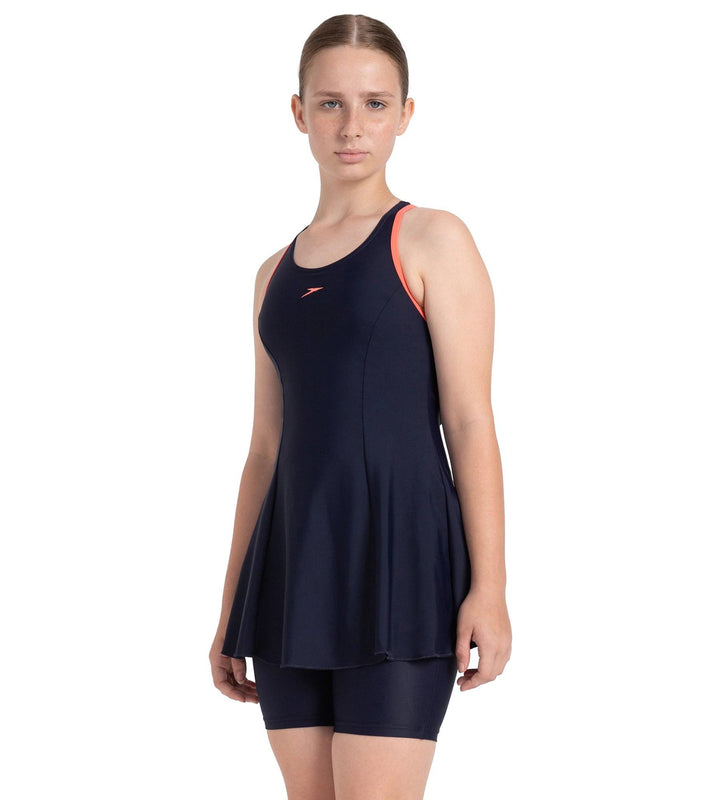 Girl's Endurance10 Racerback Swimdress With Boyleg - True Navy & Coral Sands