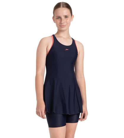 Girl's Endurance10 Racerback Swimdress With Boyleg - True Navy & Coral Sands