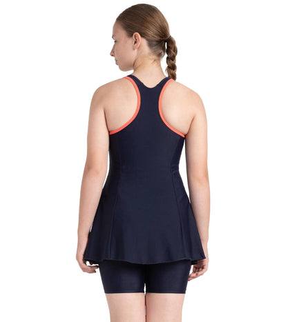 Girl's Endurance10 Racerback Swimdress With Boyleg - True Navy & Coral Sands