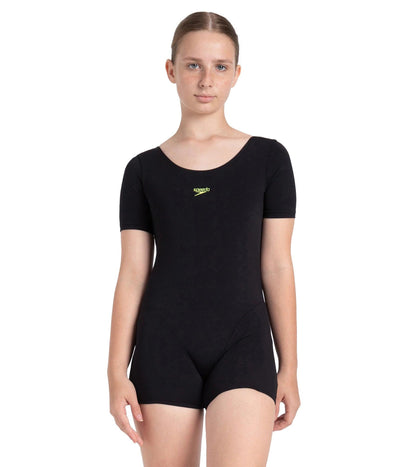 Girl's Endurance+ Sleeved Essential U-Back Legsuit - Black & Hyper Yellow