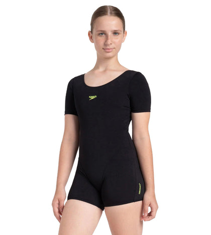 Girl's Endurance+ Sleeved Essential U-Back Legsuit - Black & Hyper Yellow