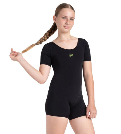 Girl's Endurance+ Sleeved Essential U-Back Legsuit - Black & Hyper Yellow