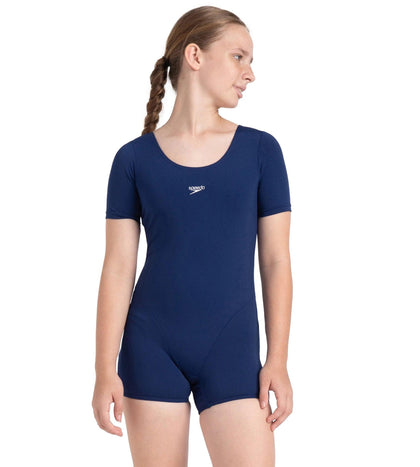 Girl's Endurance+ Sleeved Essential U-Back Legsuit - Cerulean Blue & White