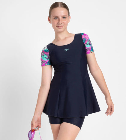 Girl's Endurance10 Sleeved Closedback Swimdress With Boyleg - True Navy, Neon Violet & Arctic Glass