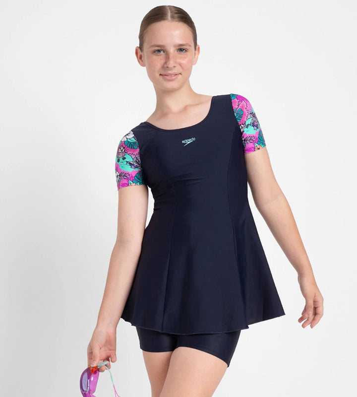 Girl's Endurance10 Sleeved Closedback Swimdress With Boyleg - True Navy, Neon Violet & Arctic Glass