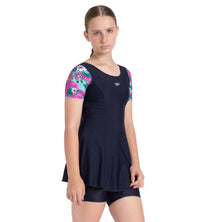 Girl's Endurance10 Sleeved Closedback Swimdress With Boyleg - True Navy, Neon Violet & Arctic Glass