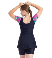 Girl's Endurance10 Sleeved Closedback Swimdress With Boyleg - True Navy, Neon Violet & Arctic Glass