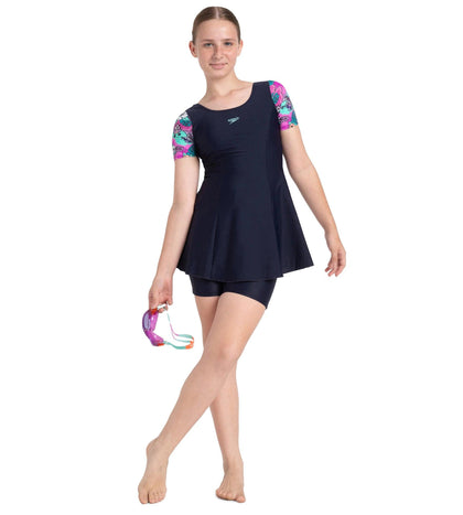 Girl's Endurance10 Sleeved Closedback Swimdress With Boyleg - True Navy, Neon Violet & Arctic Glass