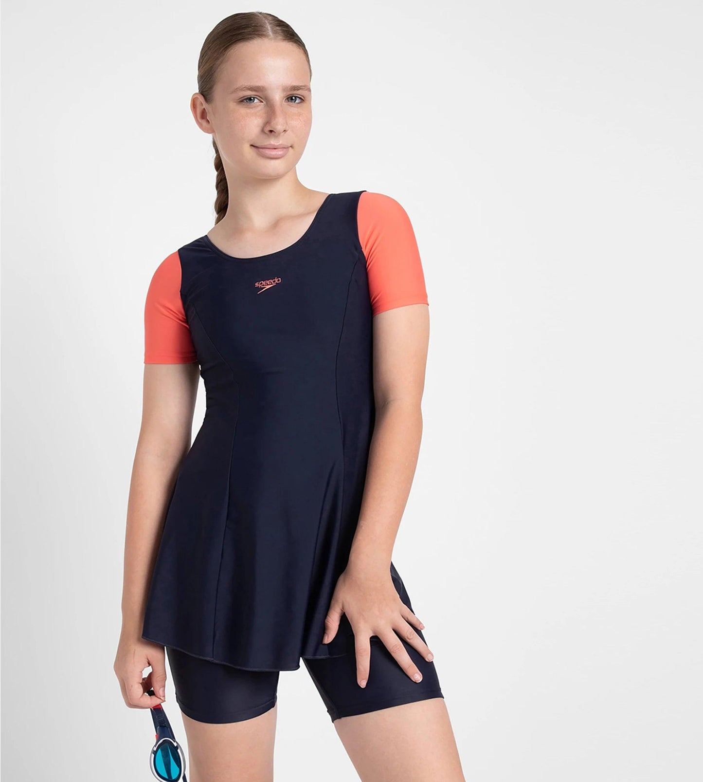 Girl's Endurance10 Sleeved Closedback Swimdress With Boyleg - True Navy & Coral Sands