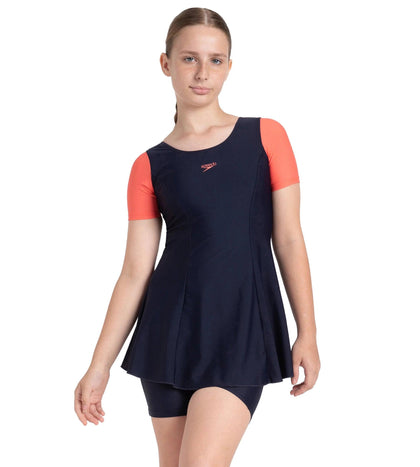 Girl's Endurance10 Sleeved Closedback Swimdress With Boyleg - True Navy & Coral Sands