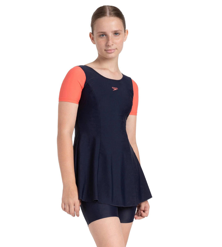 Girl's Endurance10 Sleeved Closedback Swimdress With Boyleg - True Navy & Coral Sands