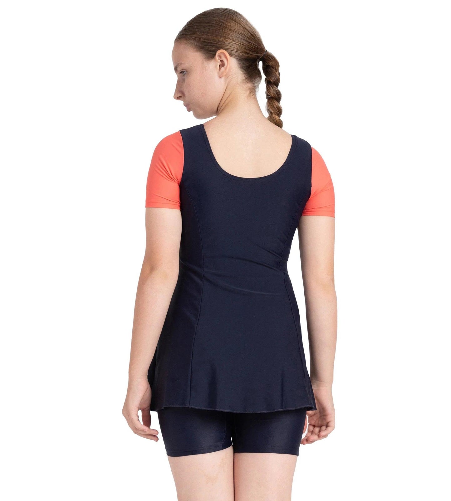 Girl's Endurance10 Sleeved Closedback Swimdress With Boyleg - True Navy & Coral Sands