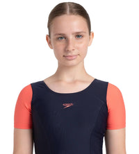 Girl's Endurance10 Sleeved Closedback Swimdress With Boyleg - True Navy & Coral Sands