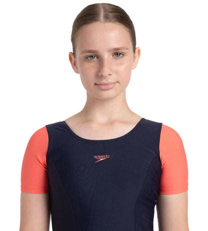 Girl's Endurance10 Sleeved Closedback Swimdress With Boyleg - True Navy & Coral Sands