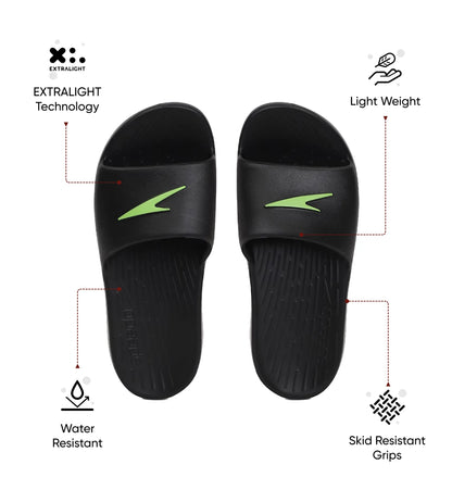 Unisex Junior's Single Colour Slides For Boys and Girls - Black & Atomic Lime