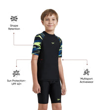 Boy's Endurance10 Hyperboom Print Short Sleeve Suntop - Black, Turkish Sea & Hyper Yellow