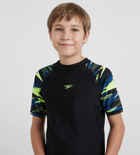 Boy's Endurance10 Hyperboom Print Short Sleeve Suntop - Black, Turkish Sea & Hyper Yellow