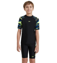 Boy's Endurance10 Hyperboom Print Short Sleeve Suntop - Black, Turkish Sea & Hyper Yellow