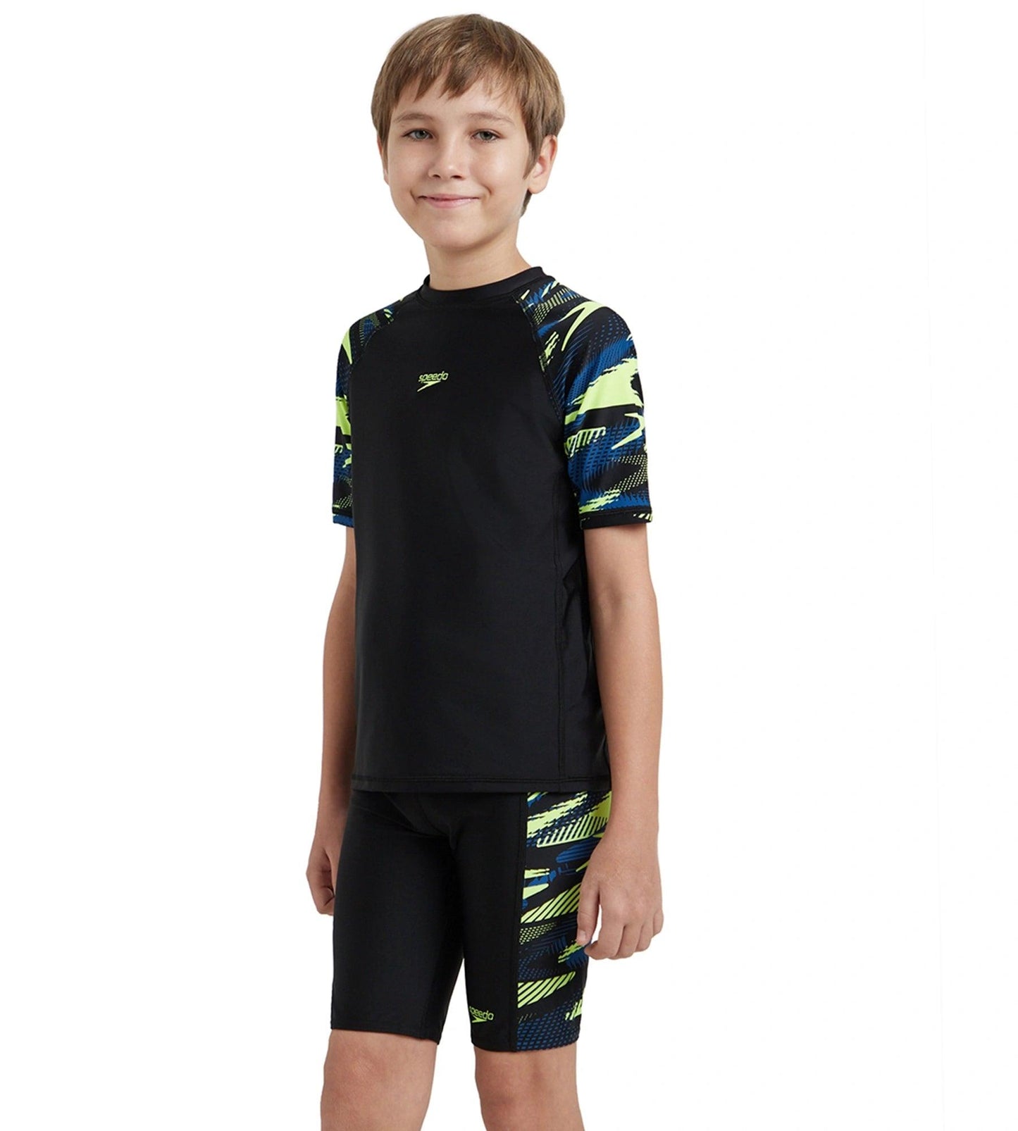 Boy's Endurance10 Hyperboom Print Short Sleeve Suntop - Black, Turkish Sea & Hyper Yellow