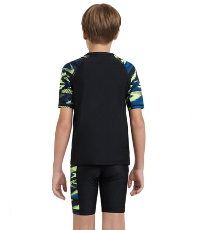 Boy's Endurance10 Hyperboom Print Short Sleeve Suntop - Black, Turkish Sea & Hyper Yellow