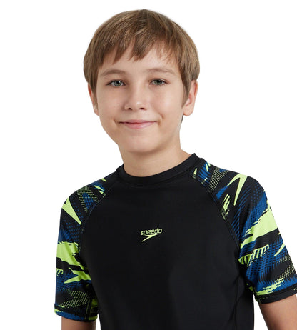 Boy's Endurance10 Hyperboom Print Short Sleeve Suntop - Black, Turkish Sea & Hyper Yellow