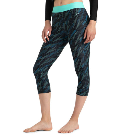 Women's Endurance10 Hyperboom Print Contrast Swim Capri - Black, Dark Teal & Arctic Glass