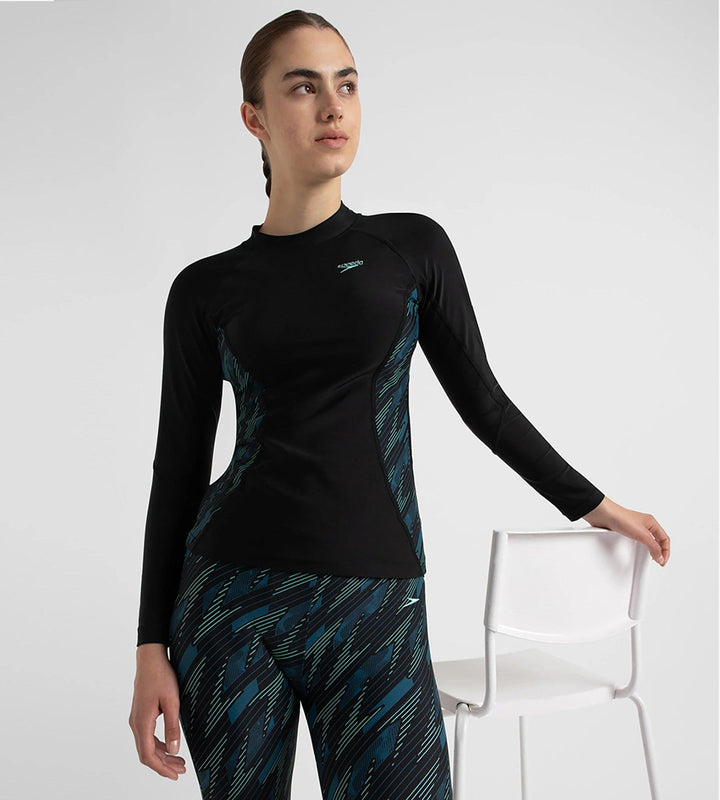 Women's Hyperboom Splice Print Long Sleeve Suntop - Black, Dark Teal & Arctic Glass