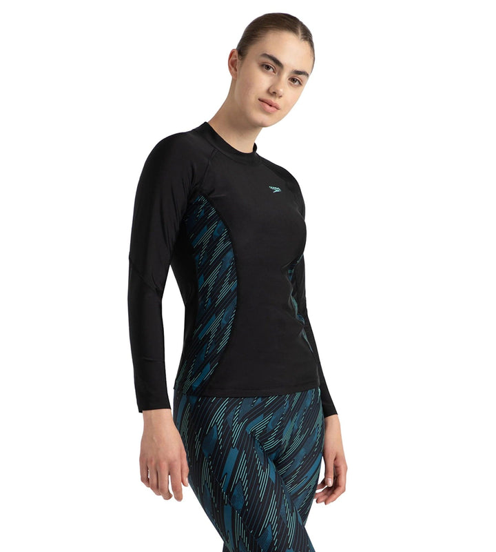 Women's Hyperboom Splice Print Long Sleeve Suntop - Black, Dark Teal & Arctic Glass