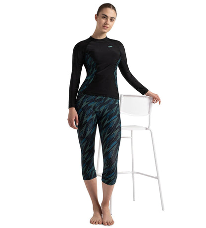 Women's Hyperboom Splice Print Long Sleeve Suntop - Black, Dark Teal & Arctic Glass